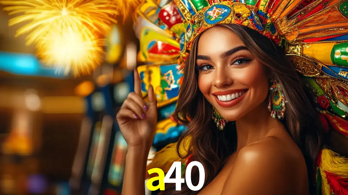 Mulher sorridente com um cocar de carnaval vibrante e colorido, celebrando uma grande vitória nos jogos do cassino a40 com fogos de artifício ao fundo.