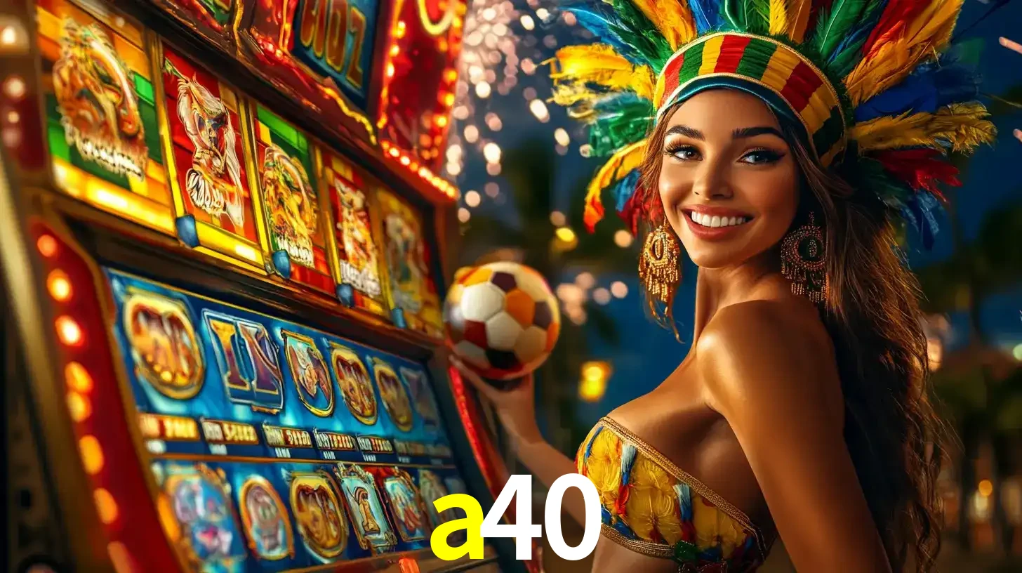 Mulher com um cocar de carnaval ao lado de uma máquina de caça-níqueis enquanto segura uma bola de futebol, mostrando a união da diversão de cassino e esportes no a40.