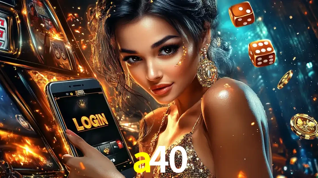 Mulher glamourosa segurando um celular com a tela de login do cassino a40, rodeada por dados e moedas douradas, pronta para começar a diversão.