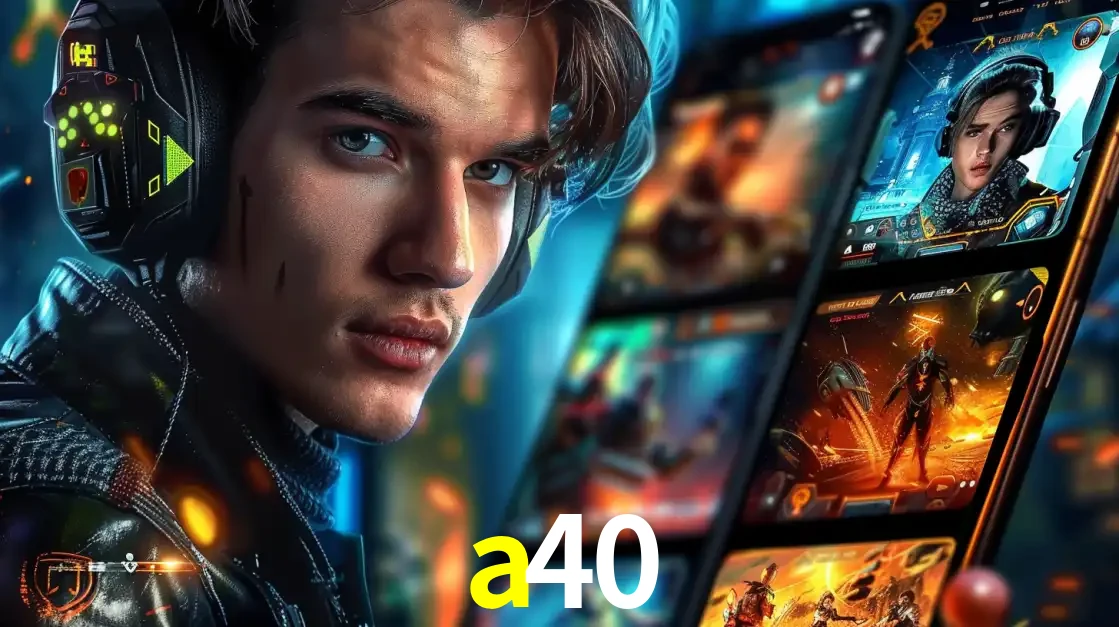 Jovem jogador com fones de ouvido olhando para a câmera, com um aplicativo de jogos e e-sports para celular ao fundo, pronto para a competição e apostas no a40.