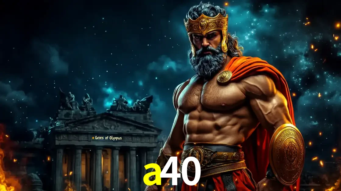 O poderoso Zeus do jogo de slot Gates of Olympus em frente ao seu templo, pronto para lançar multiplicadores divinos e prêmios épicos no cassino online a40.