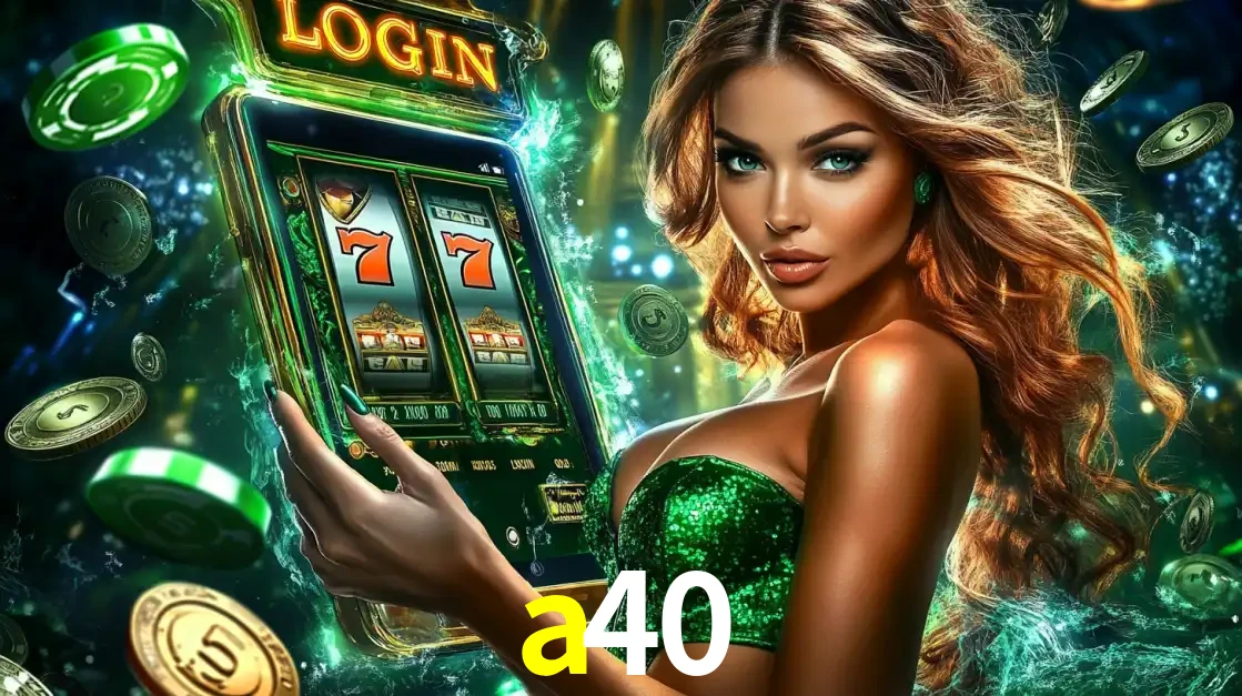 Mulher com tema verde apresentando o aplicativo do cassino a40 com um jogo de slot de 777, cercada por fichas de cassino e uma aura de sorte.