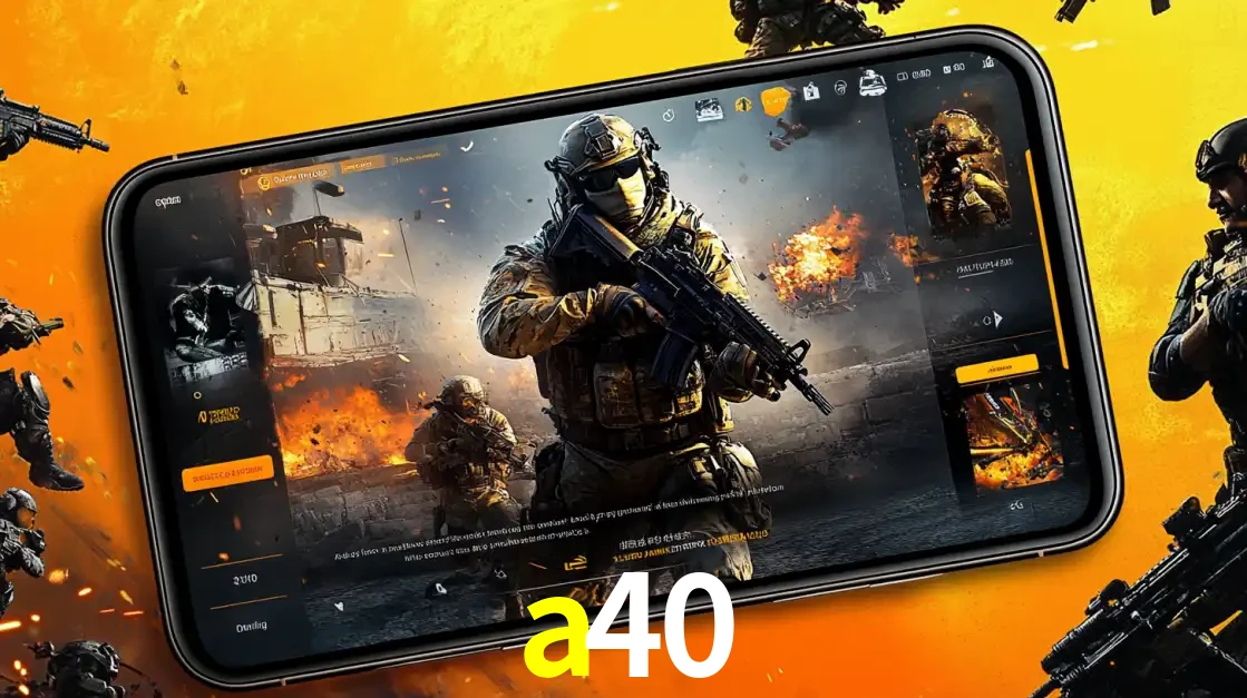 Um smartphone exibindo a interface de um jogo de tiro em primeira pessoa, com um soldado em um cenário de batalha, representando a ação dos e-sports para apostar no a40.