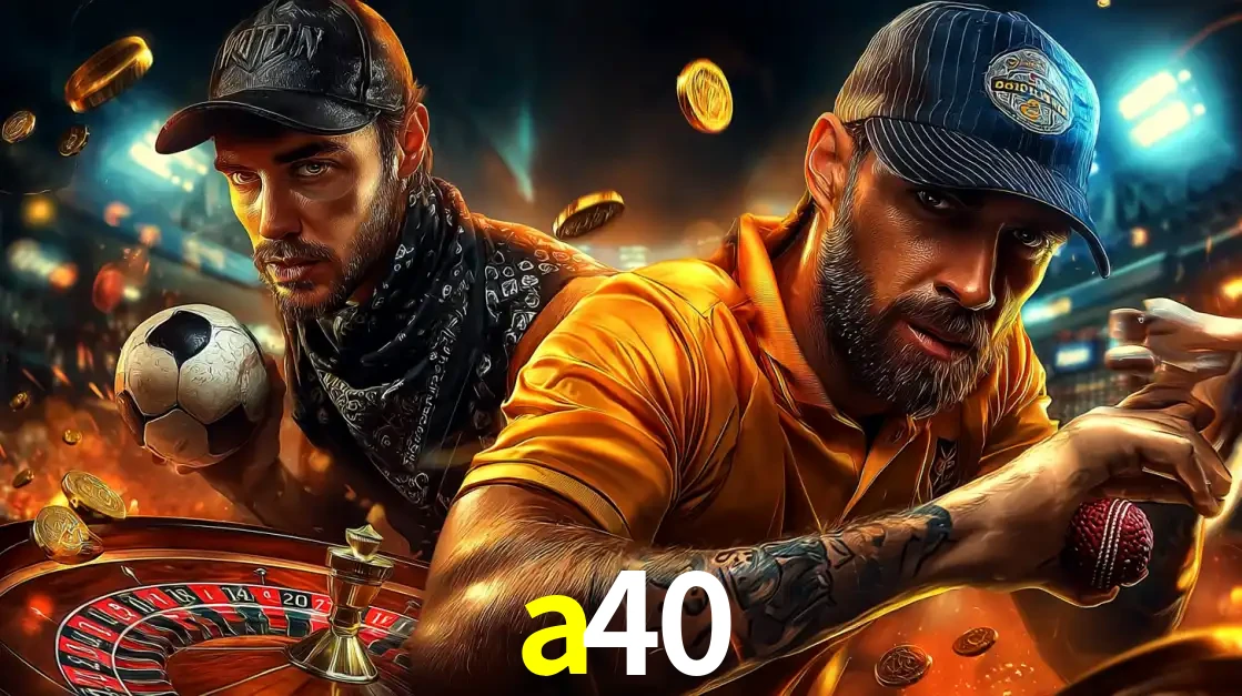 Montagem de apostas esportivas e cassino no a40, com um homem segurando uma bola de futebol e outro uma de beisebol sobre uma roleta e moedas voadoras.