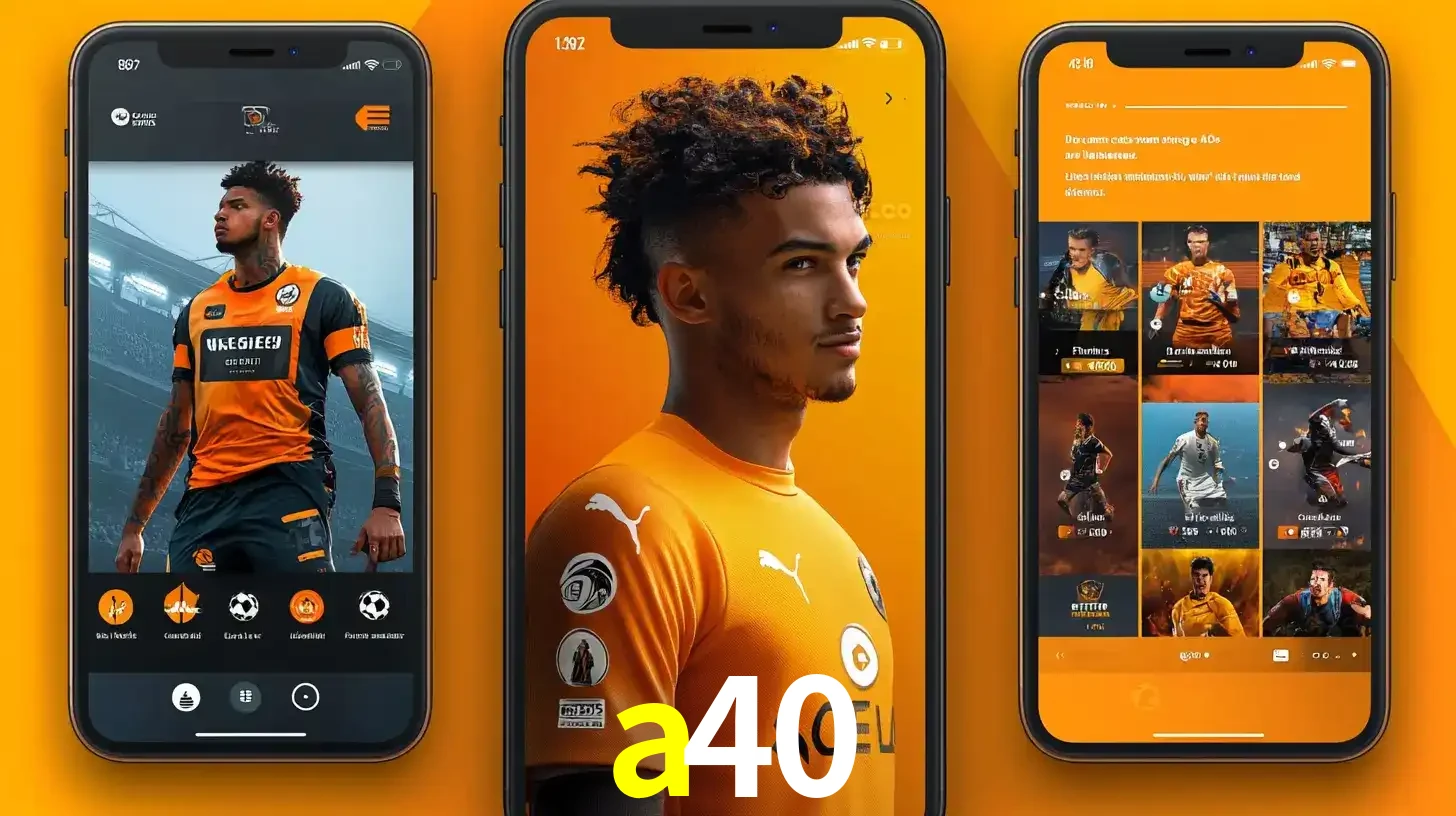 Interface do aplicativo de apostas esportivas a40 em três telas de celular, mostrando o perfil de um jogador de futebol e a lista de jogos disponíveis para apostar.