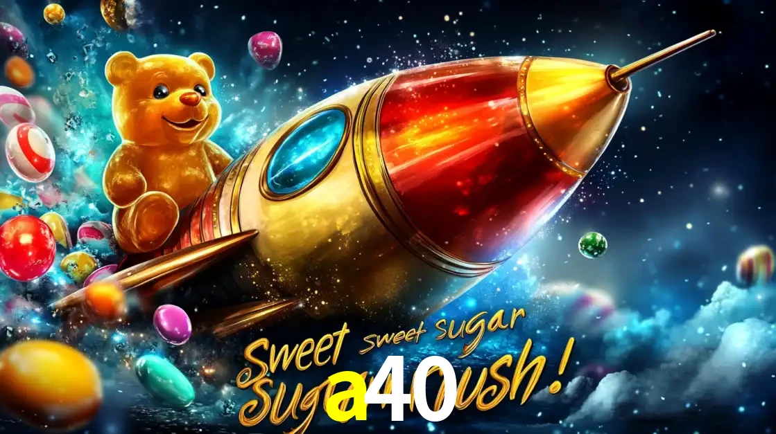 Arte promocional do jogo de slot Sugar Rush, com um urso de pelúcia em um foguete viajando pelo espaço de doces, um dos jogos divertidos disponíveis no cassino a40.