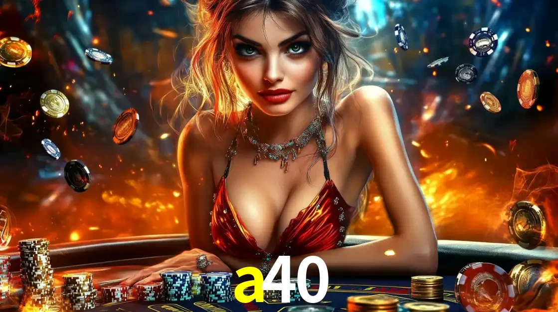 Mulher em uma mesa de cassino com pilhas de fichas e um fundo de fogo, pronta para uma rodada de altas apostas nos jogos de mesa emocionantes do cassino a40.