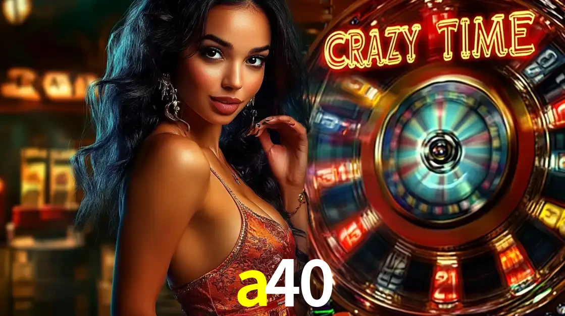 Mulher elegante ao lado da vibrante roda da fortuna do jogo de cassino ao vivo Crazy Time, um dos game shows mais populares e cheios de prêmios do a40.