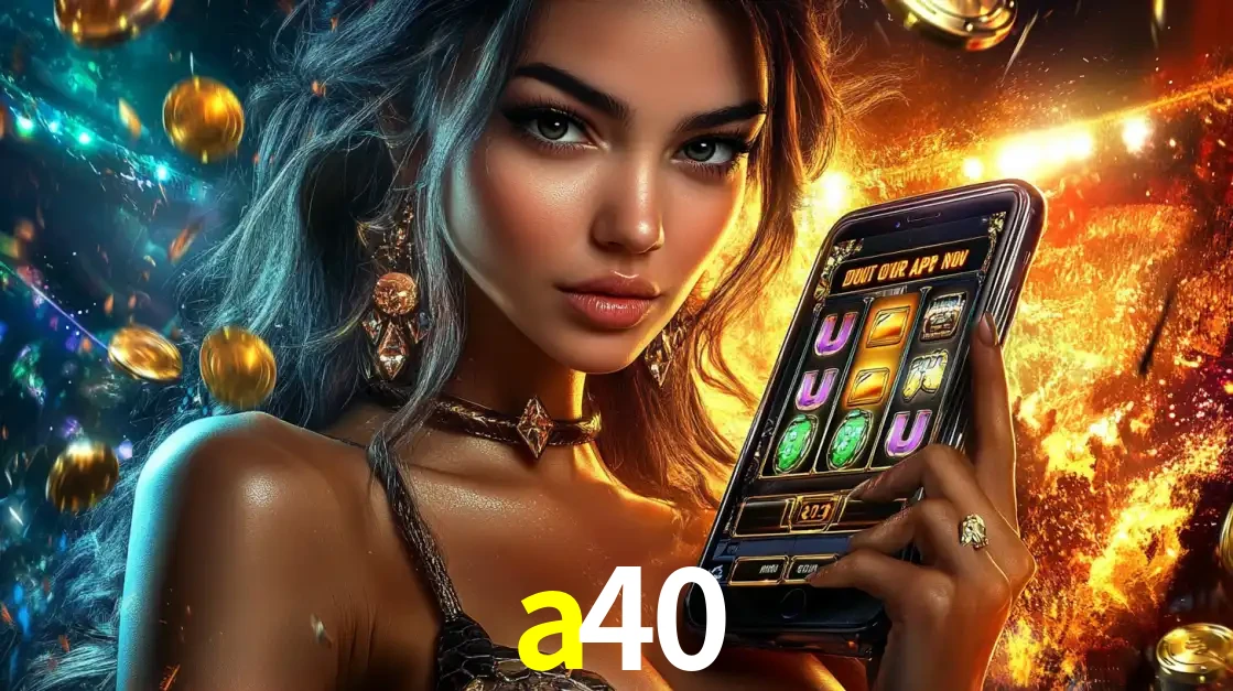 Mulher elegante mostrando um jogo de caça-níqueis em seu smartphone, destacando a experiência de cassino móvel oferecida pelo aplicativo a40.