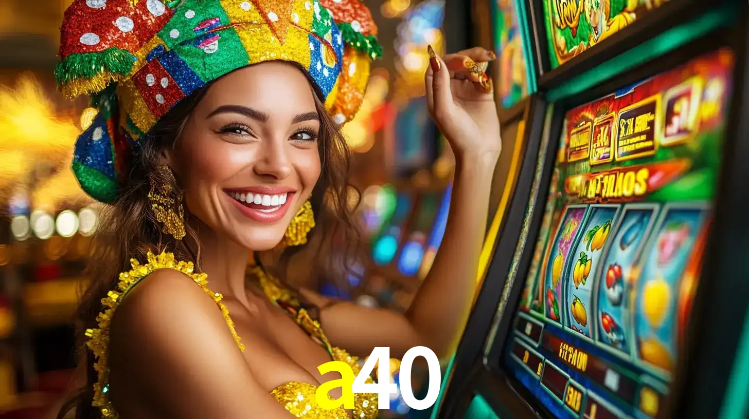 Mulher feliz com traje de carnaval amarelo e colorido ao lado de uma máquina de caça-níqueis, aproveitando a diversão e os jogos temáticos do cassino a40.