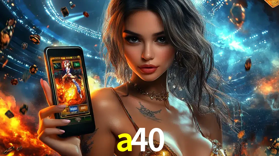 Mulher segurando um celular com um jogo de slot em destaque, tendo como fundo um estádio vibrante, simbolizando a emoção de jogar no cassino móvel a40.