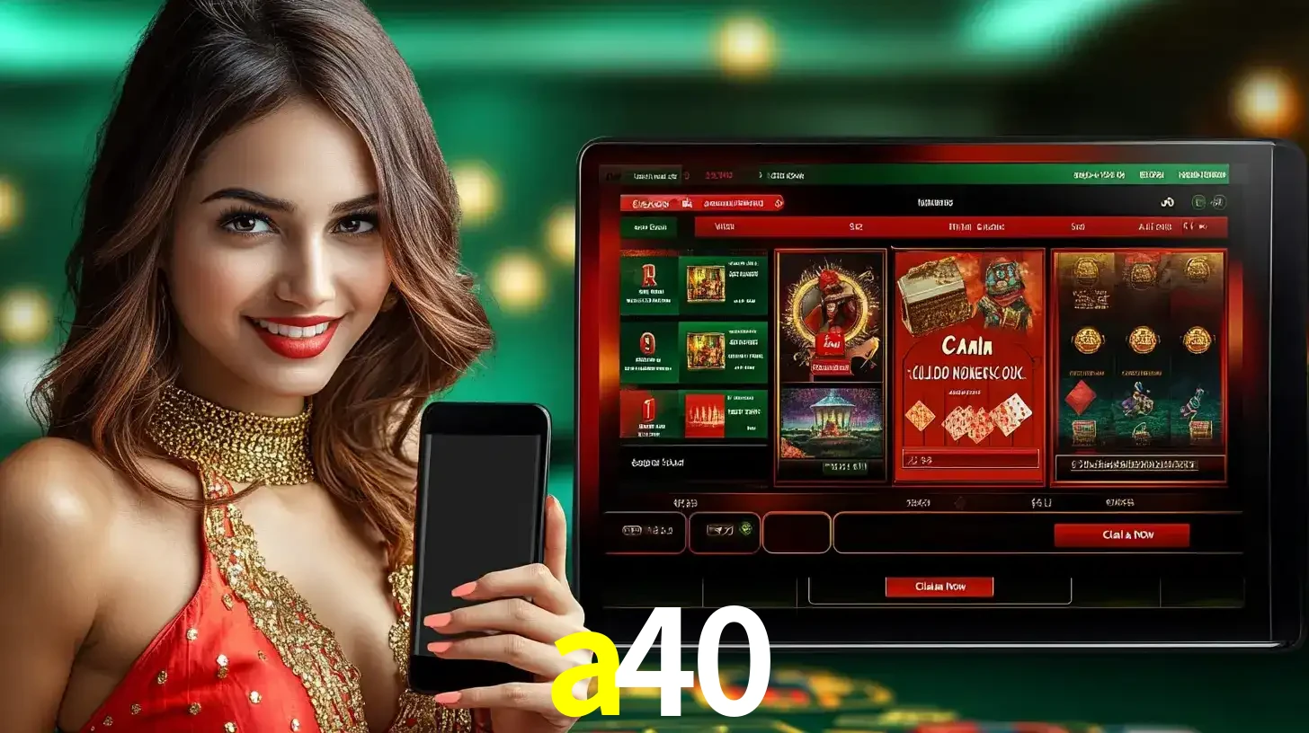 Mulher sorridente segurando um smartphone, ao lado de uma tela exibindo o lobby de jogos do cassino online a40, com várias opções de jogos de cartas e slots.